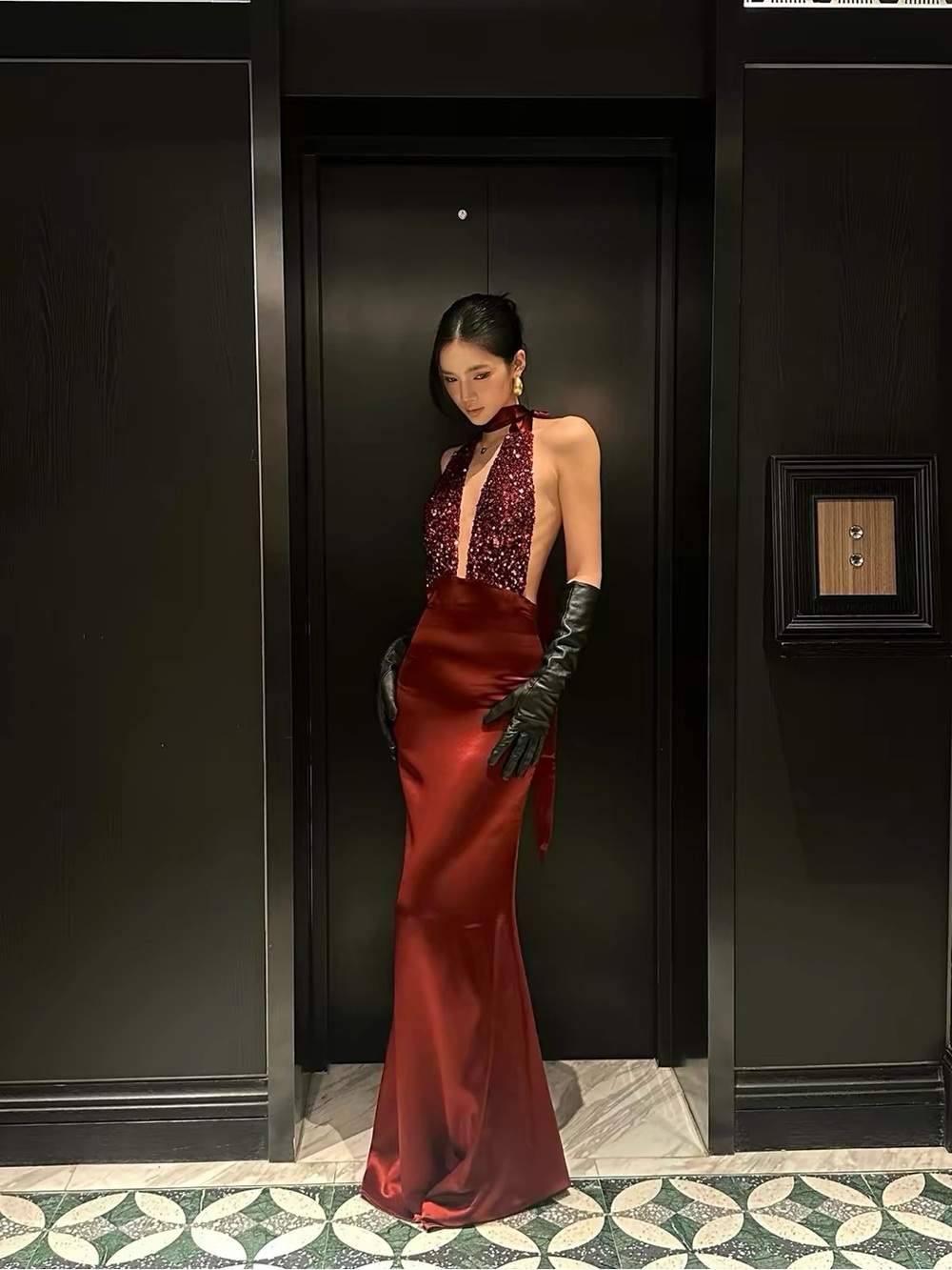 Backless Sequin Halter Evening Gown in Deep Red